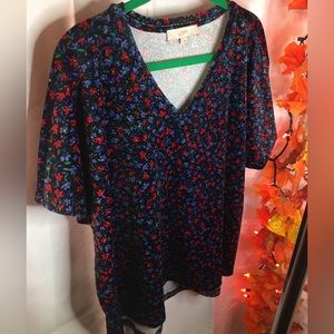 LOFT | Women’s Short Sleeve Blouse Red/Blue/Green Floral Print Velour Top